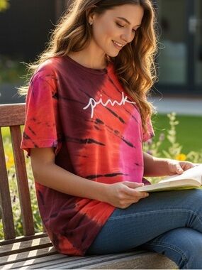 Victoria's Secret PINK Supernova Tie-Dye Campus Short Sleeve Tee Red/Pink M